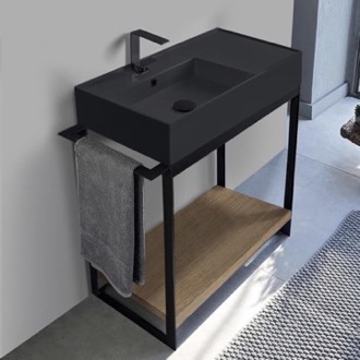 Console Bathroom Vanity Modern Powder Room Console Vanity with Natural Brown Oak Shelf, Black Ceramic Sink, 35 Inch, Free Standing Scarabeo 5115-49-SOL2-89